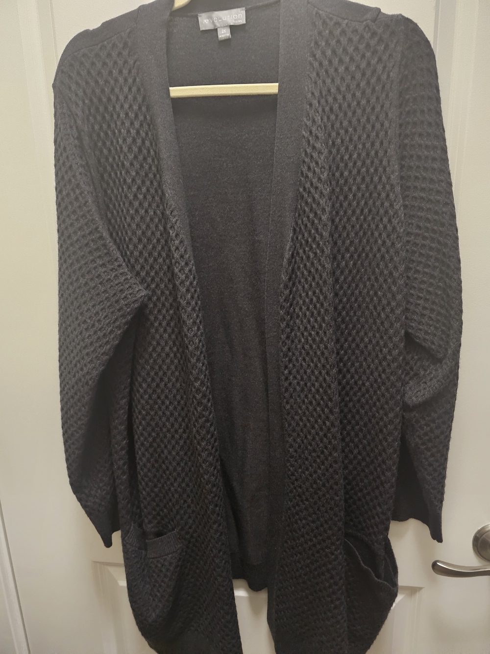 Black Open-Front Waffle Knit Cardigan